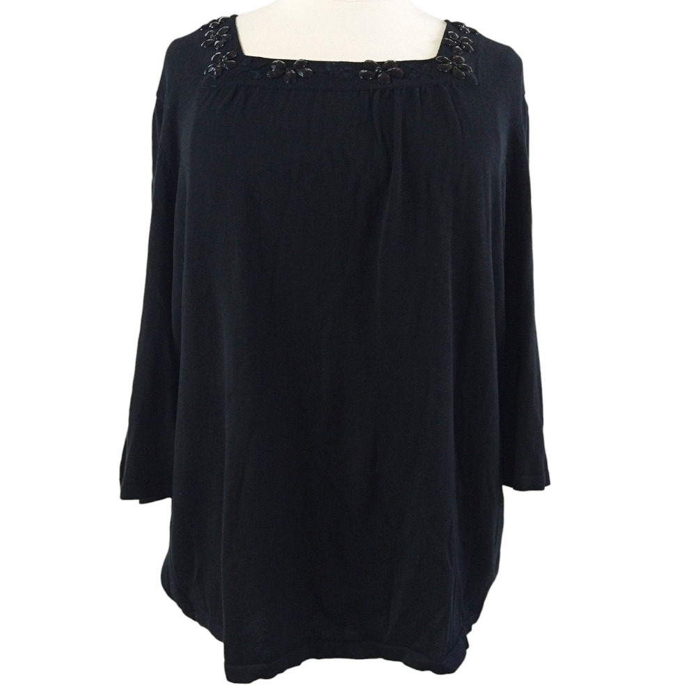 Maggie Barnes NWT Black Beaded Square Neck Flare Sleeve Knit Tunic Embroidered